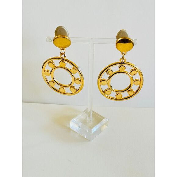 VTG Gold Plated Hoop Earrings Dangle Chunky Statement Clip Modernist Large Rare - Picture 1 of 5